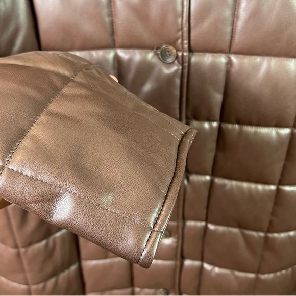Calvin Klein Longline Faux Leather Brown Puffer Jacket Size L - Picture 2 of 12